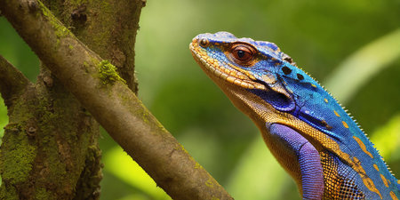 Tropical lizard in jungle on a sunny day. Rainforest illustration with bright colorful reptile among exotic plants with big leaves. Background with pristine nature landscape. Generative AIの素材