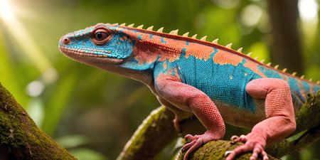 Tropical lizard in jungle on a sunny day. Rainforest illustration with bright colorful reptile among exotic plants with big leaves. Background with pristine nature landscape. Generative AIの素材