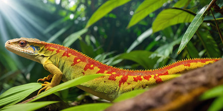 Tropical lizard in jungle on a sunny day. Rainforest illustration with bright colorful reptile among exotic plants with big leaves. Background with pristine nature landscape. Generative AIの素材