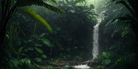 Waterfall in wild jungle. Heavy rain. Dark tropical forest with exotic plants, palm trees, big leaves and ferns. Scary thicket of the rainforest. Stream of water, wet green vegetation. Generative AIの素材