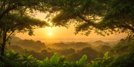 Wallpaper with a tropical landscape at sunset. Jungle with mountains, palms, trees and other wild plants. Sky with clouds and setting sun. Rainforest illustration. Background with pristine nature.の素材