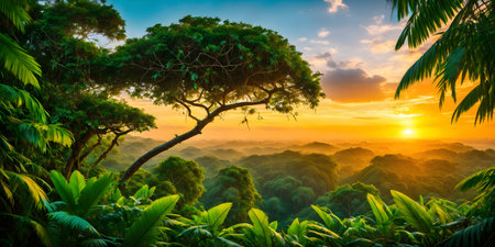 Wallpaper with a tropical landscape at sunset. Jungle with mountains, palms, trees and other wild plants. Sky with clouds and setting sun. Rainforest illustration. Background with pristine nature.の素材