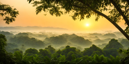 Wallpaper with a tropical landscape at sunset. Jungle with mountains, palms, trees and other wild plants. Sky with clouds and setting sun. Rainforest illustration. Background with pristine nature.の素材