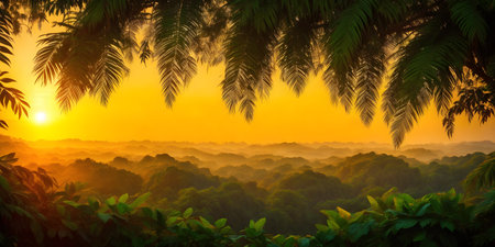 Wallpaper with a tropical landscape at sunset. Jungle with mountains, palms, trees and other wild plants. Sky with clouds and setting sun. Rainforest illustration. Background with pristine nature.の素材