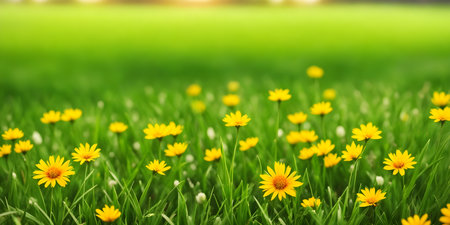 Spring landscape, blossoming field with green grass and yellow flowers. Nature illustration. 3d rendering.の素材