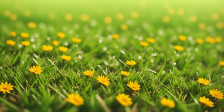 Spring landscape, blossoming field with green grass and yellow flowers. Nature illustration. 3d rendering.の素材