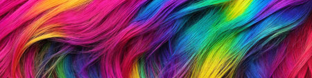 Background made of strands of colorful hair. Horizontal banner of colored threads. Generative AIの素材