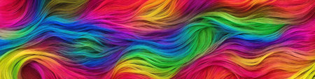 Background made of strands of colorful hair. Horizontal banner of colored threads. Generative AIの素材