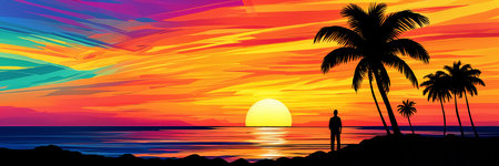 A vibrant sunset scene with a silhouette of a man standing on the beach, surrounded by palm trees and a beautiful sky filled with hues of orange, pink, yellow, and blue.の素材