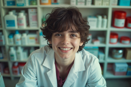 Young woman with a smile on her face, wearing a white lab coat, is seated behind a shelf filled with various bottles and containers, suggesting she might be a pharmacist or a scientist.の素材