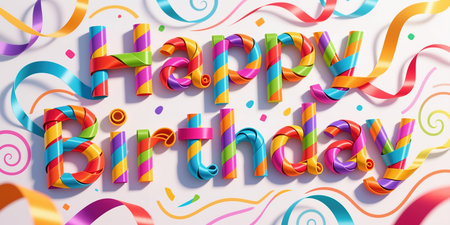 Vibrant, 3d-like birthday greeting in a playful, celebratory style with colorful ribbons and confetti on a light background, exuding joy and festivity.の素材