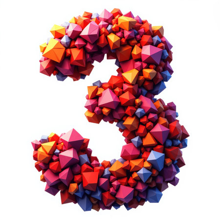 Colorful, geometric number 3 filled with polyhedra on a white background, perfect for a birthday card.の素材