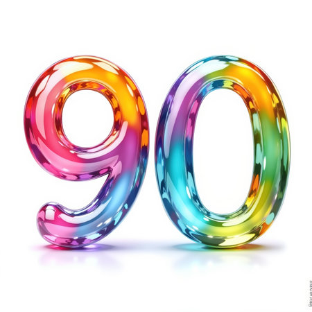 The number 90 is a shiny, rainbow-colored illustration on a white background, perfect for a birthday card, with a subtle shadow effect.の素材