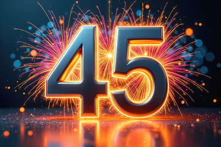 Greeting card for 45 years. Celebrate a milestone birthday with vibrant fireworks and glowing numbers.の素材