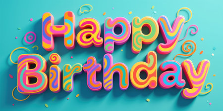 Vibrant 3d Happy Birthday text illustration for a festive celebration, featuring swirly patterns and confetti on a teal background, perfect for a fun birthday greeting card or party decoration.の素材
