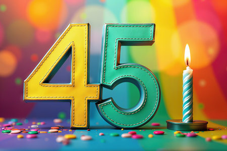 Greeting card for 45 years. Celebrate a 45th birthday with vibrant colors and a single lit candle surrounded by confetti.の素材