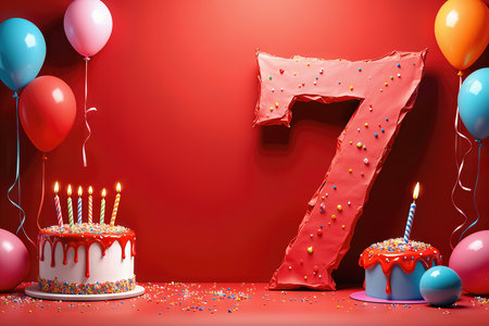 Greeting card for 7 years. Celebrate a 7th birthday with colorful balloons, sprinkles, and two decorated cakes with lit candles.の素材