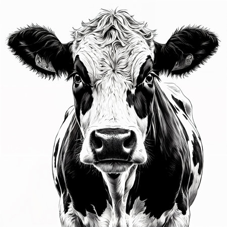 A black and white illustration of a cow with a prominent nose, looking directly at the viewer.の素材