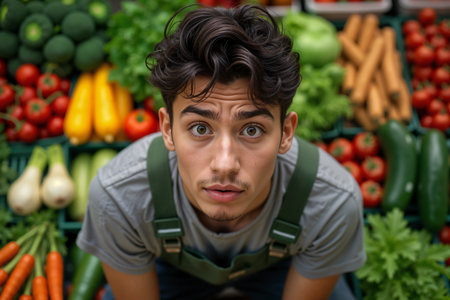 Young man with a surprised expression is wearing overalls and surrounded by a variety of fresh produce, suggesting he might be a farmer or grocery store employee.の素材
