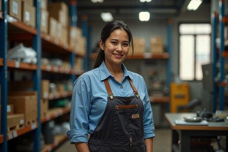 Smiling woman wearing a blue shirt and black overalls, standing in a warehouse with shelves of boxes behind her.の素材