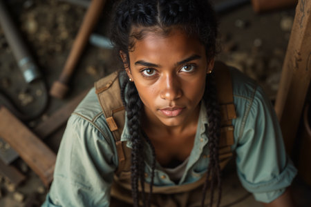 Young woman with braids, wearing a tool belt and overalls, is looking directly at the camera with a focused expression.の素材