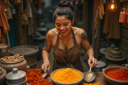 Woman with a tattoo on her arm is smiling as she prepares food, specifically spices, at a market stall.の素材