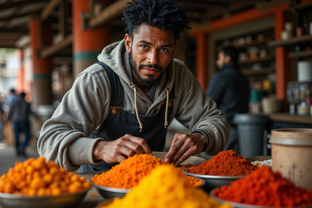 Man with a beard and dreadlocks, wearing a gray hoodie, is standing behind a table filled with various spices, likely at a market or store where he might be selling them.の素材