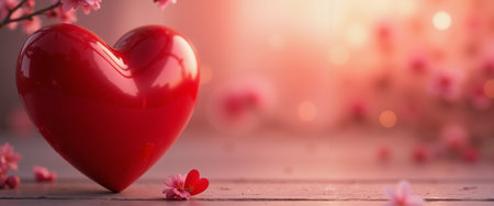 A red heart surrounded by pink flowers, with a blurred background of pink and orange hues, evoking a romantic Valentine's Day atmosphere.の素材