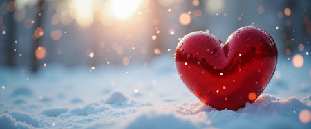 A red heart-shaped ornament sits in the snow, with a blurred background of trees and a bright sun shining through, in a style reminiscent of a festive holiday card.の素材