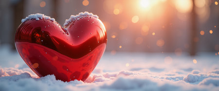 A red heart in the snow, with a blurred background of trees and a bright sun shining through, in a festive style, with a warm color palette of reds and oranges, and a subtle sparkle effect.の素材