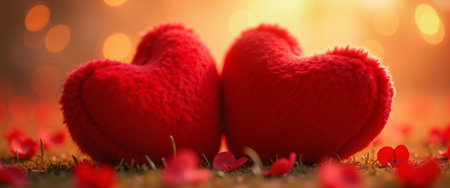 A festive scene for Valentine's Day, featuring two red fuzzy hearts in a field of grass and red petals, with a warm golden background and a soft, dreamy style.の素材