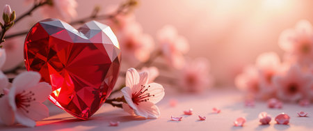 A heart-shaped ruby red gemstone sits on a white surface, surrounded by pink cherry blossoms, with a blurred pink background and a warm light, evoking a sense of Valentine's Day.の素材