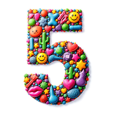 The number 5 is filled with colorful emojis, hearts, and stars on a white background, perfect for a birthday card illustration.の素材