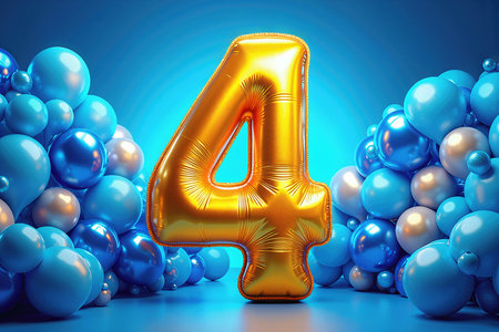 Greeting card for 4 years. Celebrate a birthday with a large golden number four balloons surrounded by blue and silver balloons.の素材