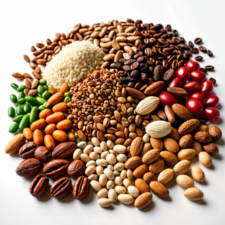 A variety of nuts and seeds arranged on a white surface, creating a colorful and appetizing display.の素材