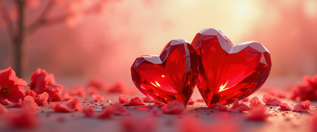 A festive scene for Valentine's Day, featuring two red gemstone hearts on a gray surface amidst scattered red petals, with a blurred background of trees and a pink sky.の素材
