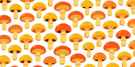 A vibrant repeating pattern featuring yellow and orange mushrooms, illustrated in a flat cartoon-like style, with orange-brown gills and white highlights on a white background.の素材