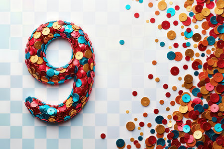 Greeting card for 9 years. A large number nine covered in red, blue, and gold sequins with scattered sequins on a checkered background.の素材