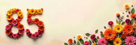 Greeting card for 85 years. Celebrate a milestone birthday with a colorful arrangement of gerbera daisies forming the number 85.の素材