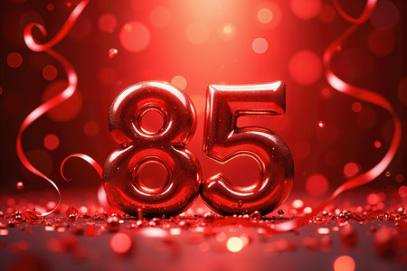 Greeting card for 85 years. Celebrate an 85th birthday with shiny red balloons and festive decorations.の素材