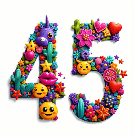 The number 45 is decorated with flowers, cacti, hearts, and emojis, creating a vibrant and festive design on a white background for a birthday card.の素材