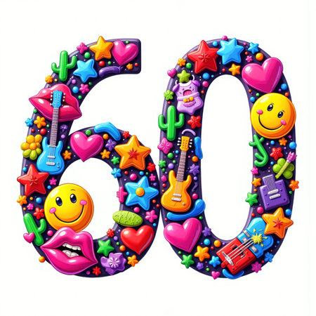 The number 60 is a vibrant birthday illustration adorned with guitars, hearts, and smiley faces on a white background.の素材