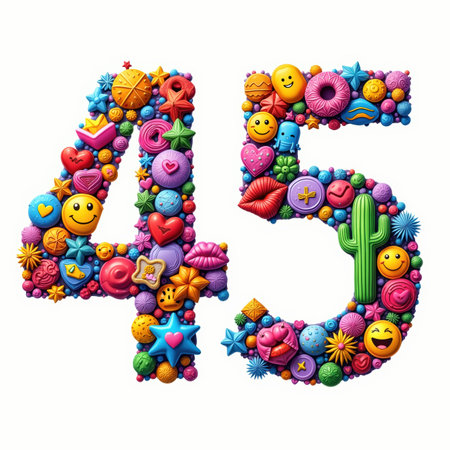 The number 45 is an illustration for a birthday card, filled with colorful candies, hearts, stars, and smiley faces on a white background.の素材