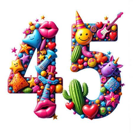 The number 45 is a vibrant illustration for a birthday card, featuring various objects on a white background, creating a lively atmosphere.の素材
