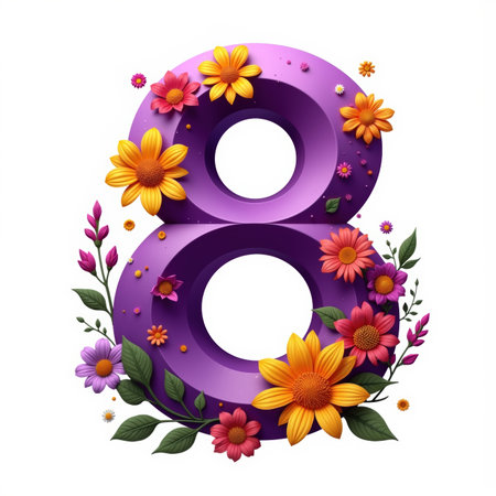 The number 8 is a vibrant purple color, adorned with colorful flowers and leaves on a white background, making it a lovely birthday illustration.の素材
