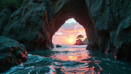 A stunning sunset view through a sea cave, with waves gently lapping against the rocks and a solitary tree silhouetted against the sky.の素材