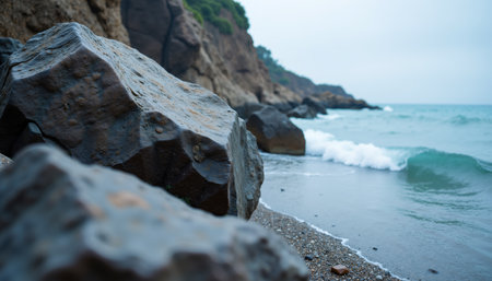 A serene coastal scene with large rocks lining a pebbly shore as gentle waves roll in from the ocean.の素材