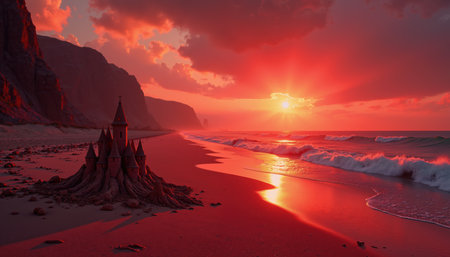 A serene beach scene at sunset, with a sandcastle near the shore and waves gently lapping against the sand.の素材