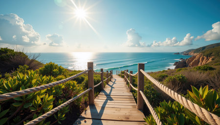 A scenic wooden boardwalk with rope railings leads to a vibrant ocean with waves, surrounded by lush greenery and a clear blue sky.の素材