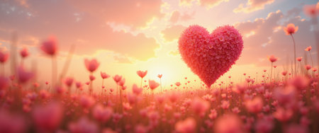 A heart-shaped floral arrangement floats in a field of pink flowers at sunset, with a warm orange and yellow sky and a few wispy clouds.の素材
